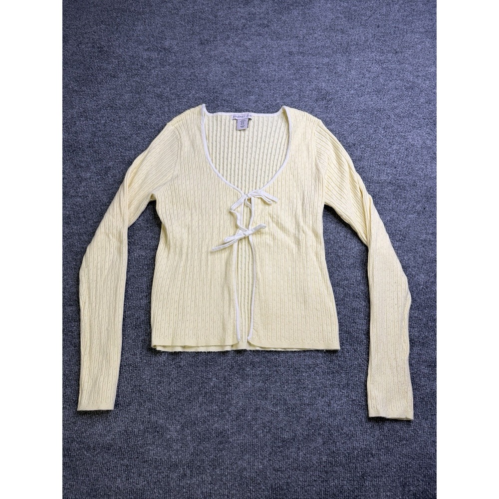 Womens Y2K Cadigan XLarge Yellow Ribbed Tie Front Cropped Coquette Pastel Soft